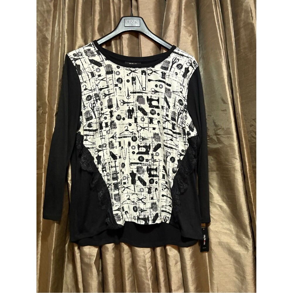Style & Co. Black Long-Sleeve Top with White Sewing Print Panel #1824
